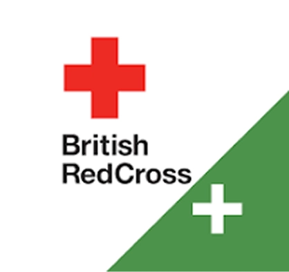 British Red Cross logo of a red cross on a white background, and site link.