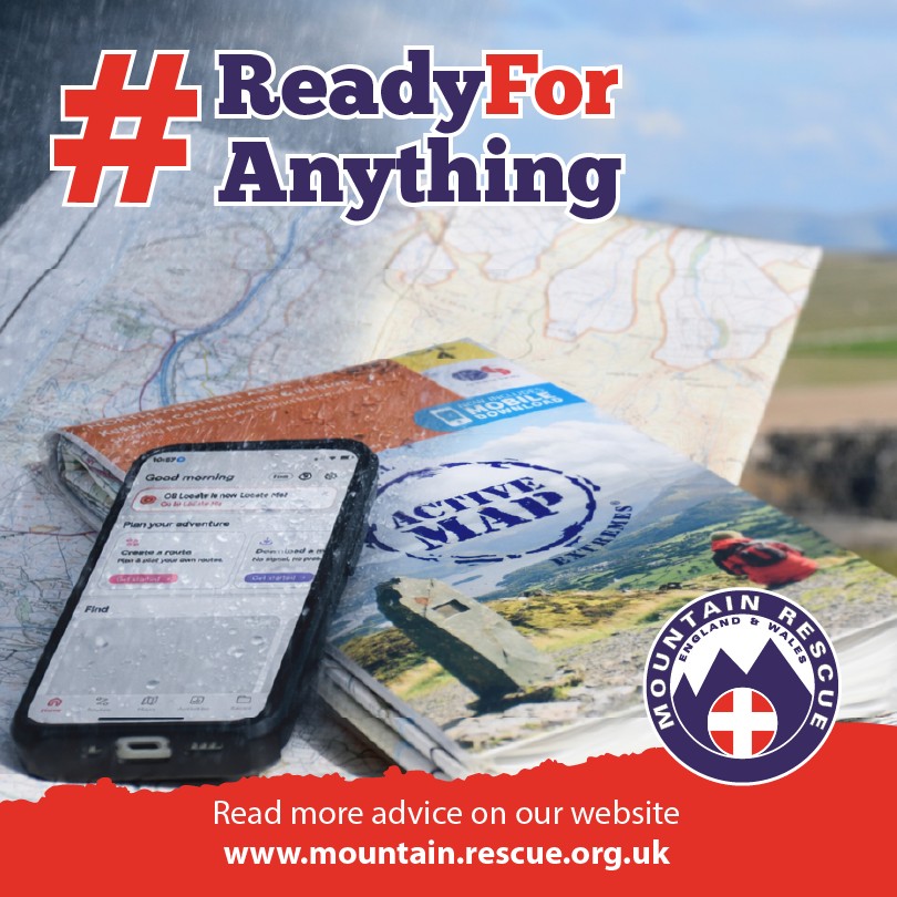 Image of a map and compass. #Ready For Anything. Mountain Rescue England and Wales. Read more advice on the Mountain Rescue England and Wales website at www.mountain.rescue.org.uk