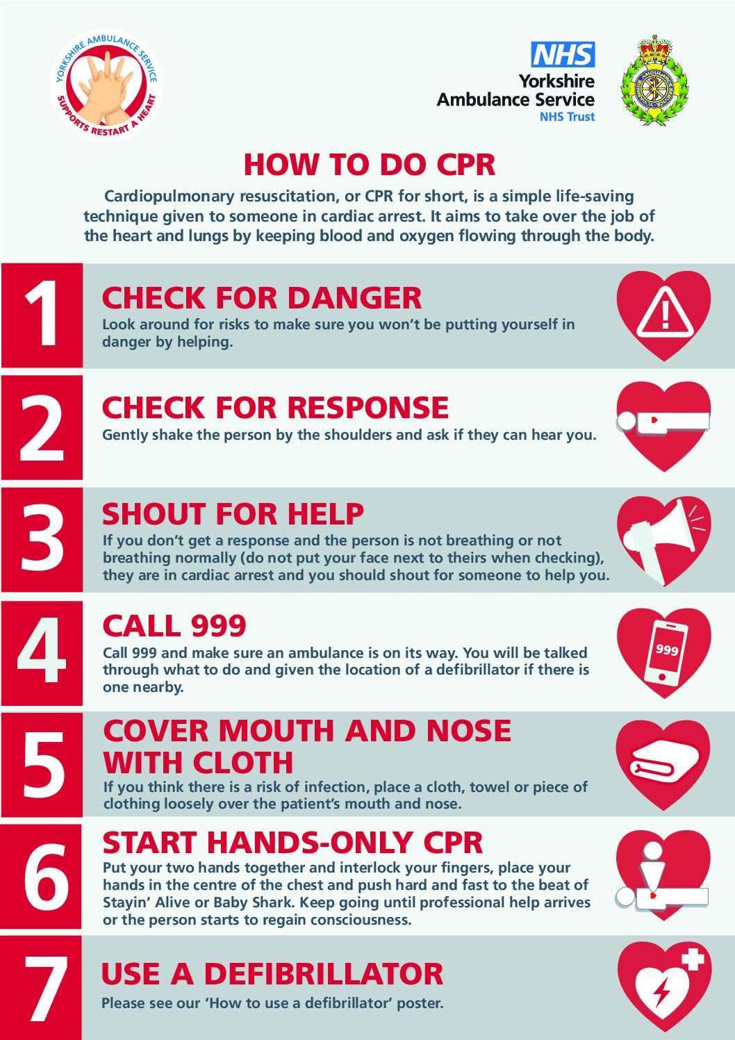 How to do CPR
1. Check for danger
2. Check for response
3. Shout for help
4. Call 999
5. Cover mouth and nose loosely with cloth
6. Start hands only CPR
7. Use a defibrillator