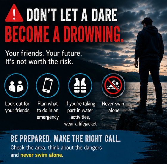 A warning against drowning, emphasizing safety tips for water activities and the importance of not swimming alone.