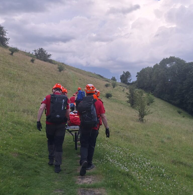 Rescue team members in orange helmets carry a stretcher along a grassy hillside under a cloudy sky.
