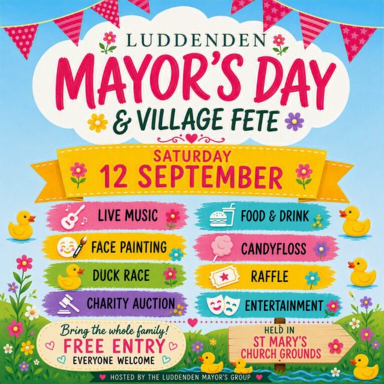 A colorful event poster for Luddenden Mayor's Day & Village Fete on September 12th, featuring activities like live music, food, and a duck race.