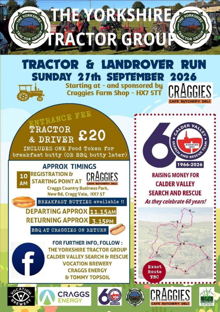 Event poster for The Yorkshire Tractor Group Tractor and Landrover Run on September 27, 2026, benefiting Calder Valley Search and Rescue's 60th year.