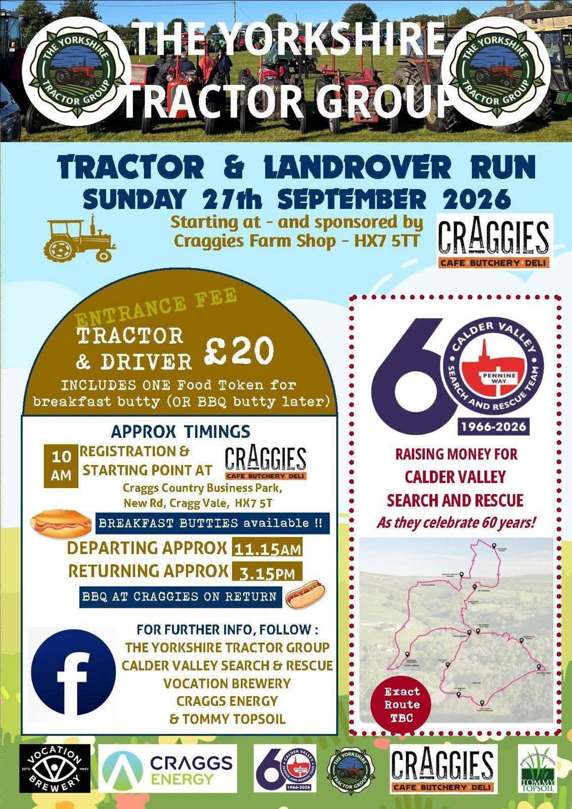 Event poster for The Yorkshire Tractor Group Tractor and Landrover Run on September 27, 2026, benefiting Calder Valley Search and Rescue's 60th year.